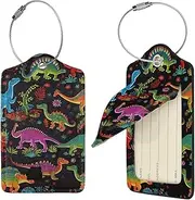 [FJWSLCH] Cartoon Dinosaur Luggage Tag for Suitcases, 2 PCS Suitcase Tags, Identifiers Travel Bag Tags for Luggage Travel Tags, Baggage Tags, Leather Name ID Labels and Metal Loop for Women Men