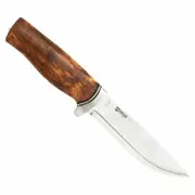 Helle 1036-GT - 123mm Stainless Steel Sandvik 14C28N Knife (Curly Birch, Leather & Aluminum Guard Handle with Dark Brown Leather Sheath)