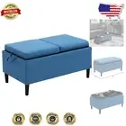 Versatile Storage Ottoman with Dual-Sided Trays - Soft Blue Fabric Home Accent