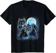[VidiAmazing] T-Shirt Three Wolves Howling Under ICY Full Moon, Gray Wolf ds2837 T-Shirt