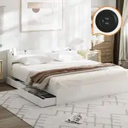 Oikiture Wooden Bed Frame King Size with Charging Ports & 2 Drawers-White