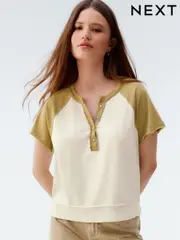 Ecru White and Green Shorter Length Raglan Colourblock Short Sleeve Button Henley T-Shirt (AM2964) | $41