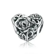 Romantic Silver plating Rose Flower Engrave Heart Beads Fit Charm Bracelets & Bangles DIY Jewelry