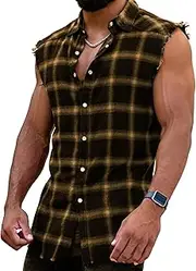 [GRMNSG] Mens Sleeveless Flannel Shirt Plaid Casual Button Down Shirts Vest