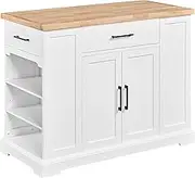 Yaheetech Rolling Kitchen Island Cart with 3 Drawers, Kitchen Storage Cabinet on Wheels with Open Shelves and Inner Adjustable Shelves for Dining Room/Living Room, Thicker Rubberwood Top, White