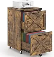 2 Drawer Small File Cabinet with Wheels, Farmhouse Vertical Filing Cabinet Fits A4 or Letter Size, Under Desk Rolling File Cabinets for Home Office, Wooden Printer Stand, Brown