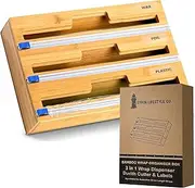 Foil and Cling Wrap Organiser - 3-in-1 Bamboo Wrap Dispenser with Built in Cutter - 33cm, Fits Australian Cling Wrap, Aluminium Foil, and Baking Paper Rolls, Wall-Mountable or Fits in Draw.