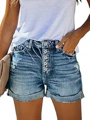 [Angerella] Denim Shorts for Women Mid Rise Ripped Jean Shorts Stretchy Folded Hem Hot Short Jeans (Medium, 03 Blue)