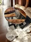 Round Clear Epoxy Resin Coffee Table Acacia Wood with Iron Legs Bar Desk Decors