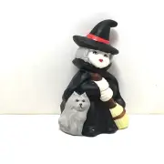 Halloween ceramic which girl w/ gray husky dog and broom holiday figurine