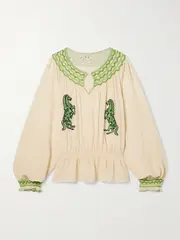 [BODE] BODE - Rearing Stallions Ruffled Smocked Embroidered Crepe De Chine Blouse - White - x small x small White
