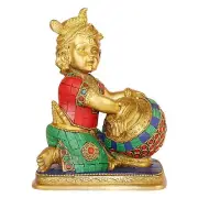 Brass Lord Bal Gopal Krishna Eating Butter Idol Statue Figurine 7"