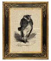 Owl Gentleman Art Print on Vintage Book Page Home Office Hanging Decor Gifts