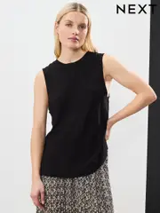 Black Linen Modal Soft Touch Sleeveless Crew Neck Tank Vest Top (AD3654) | $34