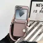 For Samsung Galaxy Z Flip6 Flip5 Flip4 Flip3 Cover Leather Lanyard Strap Case