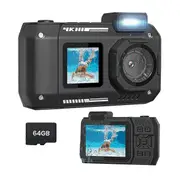 Waterproof Camera 4K 65MP Underwater Camera with 64G Card, for Snorkeling Autofocus Selfie Dual-Screen Black
