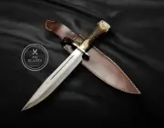 Handmade Antler Bowie Knife D2 Steel Camping Bowie Knife with Leather Sheath
