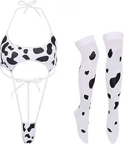 [IBTOM CASTLE] Sexy Cow Milk Leopard Cosplay Costume Kawaii Outfit Anime Lolita Mini Bikini Bra Lingerie Set for Women Teddy Japanese Halter Bodysuit Underwear One Piece Mesh Babydoll Nightwear 2pcs-Sling