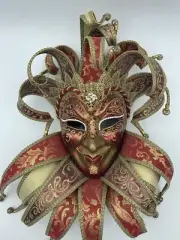 Venetian Mask Red and Gold Signed Made In Venice, Italy