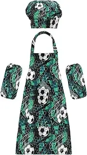 AIXIWAWA Kids Apron Chef Hat Set, Child Kitchen Bib Aprons Adjustable for Cooking Baking Painting (Football)