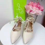Sam Edelman Winslet Ivory Nappa Leather Lace up Pearl Beaded Pointy Toe Flats