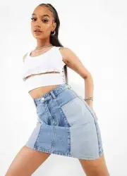 BOOHOO BNWT Denim Patchwork Cotton Retro Contrast Color Block Skirt-M- 87 Cms