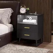 LVSOMT Black Bedside Table with Charging Station and LED Lights, Modern Nightstand with 2 Drawers, Storage Shelf Smart Night Stand for Bedroom Living Room