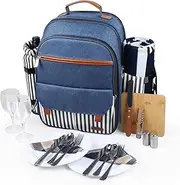 Sunflora Picnic Backpack for 2 Person, Picnic Basket Complete Set with Insulated Cooler and Blanket for Family Outdoor Camping (Blue & Stripe)