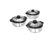 Stainless Steel Thermoware Casserole & Glass Lid (Silver) Set 3- Free Delivery