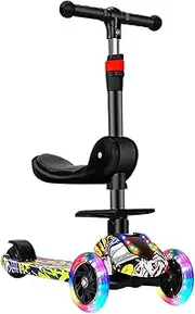 Children's Three-Wheeled Scooter PU Wheeled Scooter with LED Lights, Adjustable Handlebar Height, Suitable for Children Over 2 Years Old(Graffiti Street Dance Flash Wheel + Seat + Music)