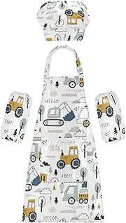 AIXIWAWA Kids Apron Chef Hat Set, Child Kitchen Bib Aprons Adjustable for Cooking Baking Painting (Cute Cars Truck)
