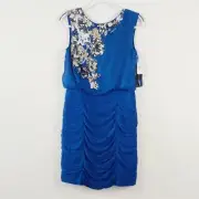 Aidan Mattox 100% Silk Blue Sleeveless Bodycon Dress Size 10 Beaded Ruching New