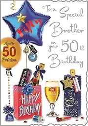 [Jonny Javelin] Special Brother' Happy Birthday Gift Milestone Card - Age 50 - Balloons, Beer & Presents with Silver Foil - Printed in the UK
