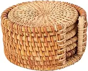 Rattan Coasters,Yosooo Set of 6 Vintage Handcrafted Drinks Tea Cup Mats Coasters Round Teapot Insulation Mat Decoration for Kitchen Table Drinks Crafts Table Desk Office