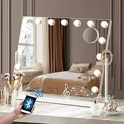 Oikiture Hollywood Vanity Mirror with Lights, Hollywood Mirror with 10x Magnifying Mirror Vanity Mirror 15 LED Bulbs and Bluetooth Speaker USB Power Charging Rotatable Mirror