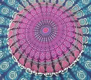 Traditional Jaipur Exports Round Mandala Floor Cushions with Filler, Decorative Throw Pillowcases 32", Indian Pouf, Boho Ottoman, Pom Pom Outdoor Cushion Cover, Boho Pillow Shams (Pillow Cover with Insert)