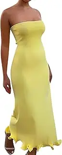 [ISZPLUSH] Womens Sexy Bodycon Tube Strapless Long Dress Y2K Ruffle Hem Trim Irregular Dress Going Out Tube Outfit