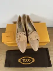 Tod's Ballerina Flats Studded Shoes Pointed Loafers Leather Beige 36.5 UK 3.5
