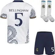 Hawkara R. Madrid Bellingham #5 Children's Football Jersey, Special Gold Dragon Edition, Shorts Socks, Youth Sizes (White, 26)
