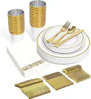 175 Pieces Gold Dinnerware Set for 25 Guests, Party Plate Sets White Plates with Gold Lace Rim Design, Including 25 Reusable Dinner Plates, Dessert Plates, Silverware Set, Cups and Napkins