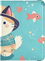 [Amooorous] Cartoon Cat Fish Leather decorative Passport Card Holder Cover Combo Vaccine Case Protector Cover Passport Cover Holder Wallet Case Waterproof, cartoon cat fish, 1 size
