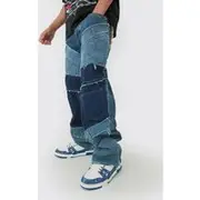 Mens Vintage Blue Baggy Rigid Patchwork Waistband Detail Jean In Blue