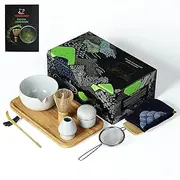 TEANAGOO Japanese Tea Set with Bamboo Tray, Matcha Whisk Set, Bowl with Pouring Spout, Bamboo Whisk (Chasen), Scoop (Chashaku), Whisk Holder, Tea Powder Can. O3, Lt. Grey