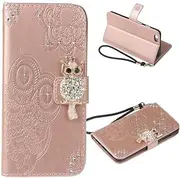 IMEIKONST Case for iPhone 6S Plus Owl Glitter Embossed Sparkly Gems Shockproof PU Leather Wallet Flip Stand Card Slots Magnetic Silicone Bumper Folio Cover for iPhone 6S Plus / 6 Plus Owl Rose YK