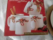 VTG K-Mart Poinsettia & Ribbons 4 pc Fine Porcelain Holiday Mug Set