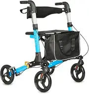 Foldable Walker 4 Wheels Mobility with Storage Bag Adjustable Backrest Handles (Upgraded Blue)