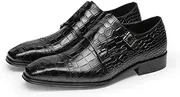 [Generic] Men Formal Dress Shoes Square Toe Slip On Stone Pattern Genuine Leather with Buckle Decoration Pull On for Meeting First Layer Decorate Dress Shoes for Men