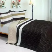 3 PC Silent night black beige tan stripes vermicelli Queen Quilt Shams