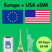 Europe + USA Prepaid Travel eSIM Card 18GB Data 5G/4G Lte 30 Days