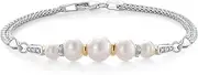 [Gem Stone King] 925 Sterling Silver and 10K Yellow Gold Cultured Freshwater Pearl and White Lab Grown Diamond Bracelet for Women (Round 5.5mm-7.5mm Pearls, 7.5 Inches, Made in Italy), 7.5 inches
